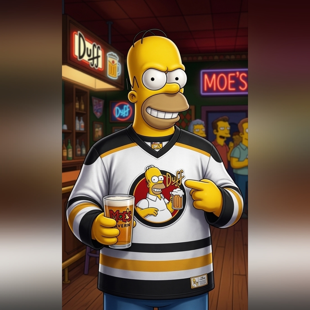 VTG The Simpsons Homer Simpson Duff Beer Hockey Jersey – White/Gold/Black - Picture 12 of 13